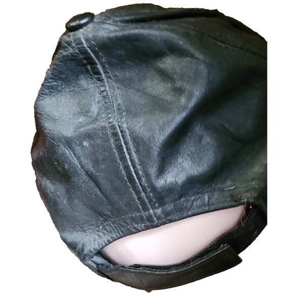 Vintage Black Leather Baseball Cap Hook & Loop Back - Picture 4 of 6